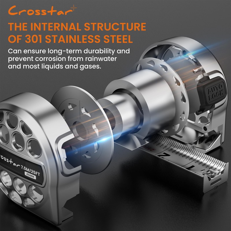 Crosstar 25FT Self-Locking Tape Measure - Stainless Steel, Fractional/Metric Double-Sided
