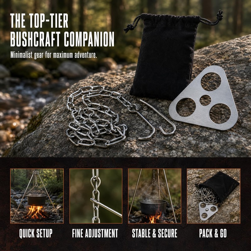 Folding Stainless Steel Tripod, Portable Camping Pot Hanger for Cooking