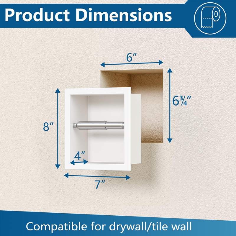 White Recessed Toilet Paper Holder,for Standard/Mega Roll