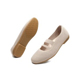 DEXJEWU Women’s Ballet Flats Knit Mary Jane Flat Comfort Walking Slip-on Dressy Work Driving Shoes with Straps, A Camel, 7 US