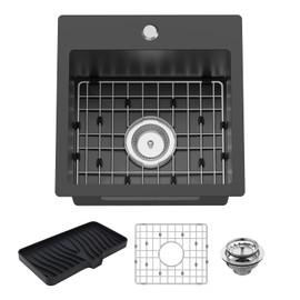 Small Black Kitchen Sink,15x15 Inch Stainless Steel Drop In Topmount Kitchen And Bar Sink Ideal Choice For For Small Space, Prep Area, RV With Bottom Grid,Soap Mat And Drain Assembly