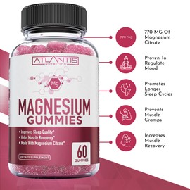 Atlantis Nutrition Atlantis Nutrition Magnesium Gummies | 770 MG Magnesium Citrate | Helps Muscle Recover & Relieves Cramps, Promotes Calmness, Improves Sleep Quality | Formulated for Adults & Kids | 60 Vegan Gummies