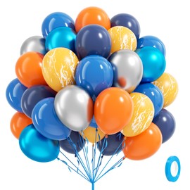 60pcs Space Balloons 12inch with Metallic Silver Pearl Blue Yellow Navy Blue and Orange Balloons for Space Planet Astronaut Themed Birthday Party Decorations
