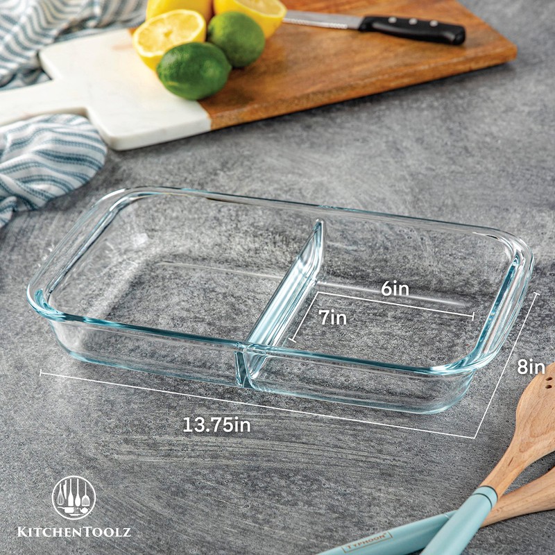 Divided Glass Casserole Baking Dish, Rectangular Bakeware Set 2.3 Qt