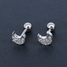 16g Sparkling Cubic Zirconia Stainless Steel Stud Earrings Tragus Helix Conch Cartilage Ear Piercing (Moon)