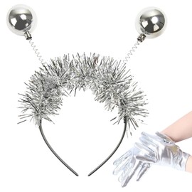 Générique 1 x Head Hoop with Round Swing Ball and 1 Pair of Silver Gloves, Disco Ball Headwear, Accessories for Fancy Dress Party, Alien Headpiece