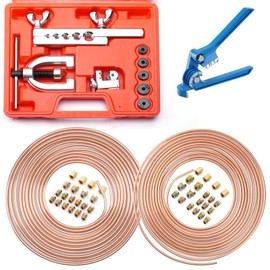 Racewill 25 ft 1/4" + 3/16" Copper Coated Brake Line Kit (Includes 32 Fittings and 8 Unions) + Tube Bender + Brake Line Double & Single Flaring Tool Kit