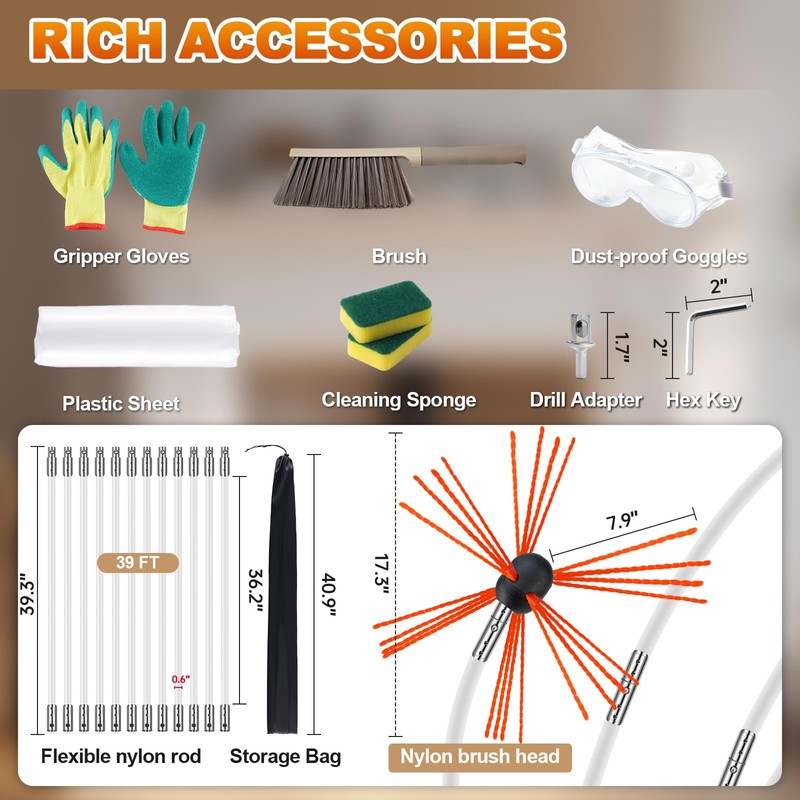 Bluesea 39 Feet Chimney Sweep Kit, Ergonomic Chimney Cleaning System