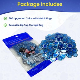 MR CHIPS Magnetic Bingo Chips with Metal Ring 3/4 Inch 300 Upgraded Pieces Blue Transparent - Available in 7 Colors A Reusable Storage Bag