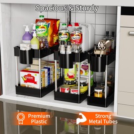 JYSMYWS 3 Pack Under Sink Organizers and Storage, 2 Tier Bathroom Cabinet Organizer Shelf with Hanging Cups for Kitchen & Bathroom (Black)