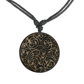 CHICNET Women's Men's Necklace Wooden Chain Necklace with 40 mm Wooden Pendant in Round Light Dark Wood and Cotton Vintage Engraved Flowers Tendrils Adjustable, Wood