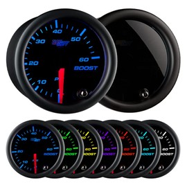 GlowShift Tinted 7 Color 60 PSI Turbo Boost Gauge Kit - Includes Mechanical Hose, 1/8-27 NPT Fittings & Wiring - Multi-Color Display - Black Dial - Smoked Lens - for Diesel Trucks - 2-1/16" 52mm