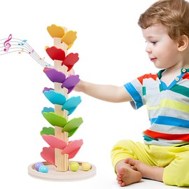 Music Tree Wooden Marble Run, 1 Base, 4 Balls, 6 Colors, Wooden Marble Run Music Tree Montessori Toys for Kids 3+ Years Old, Colorful Rolling Ball Tower, Rainbow Ball Tower for Girls and Boys