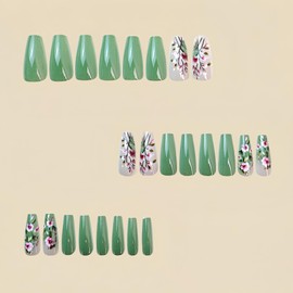 Press on Nails Medium Coffin French Tip Fake Nails with Green Flower Design Full Cove False Nails Medium Short Glossy Acrylic Glue on Nails Thick Stick on Nail for Women 24Pcs Y467