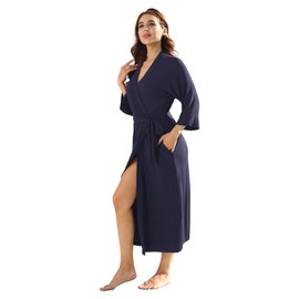Women's Soft Robes Lightweight Kimono Loungewear Long Nightgown Knit Bathrobe Casual Sleepwear Pajamas with Pockets, Navy X-Large