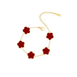 JIEMUCHU Gold Plated Stainless Steel Four Leaf Clover Bracelet Jewelry for Women (Dark Red-Gold Plated)