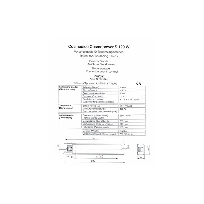 CosmoPower S 120W Choke Ballast - 220V - 60 Hz