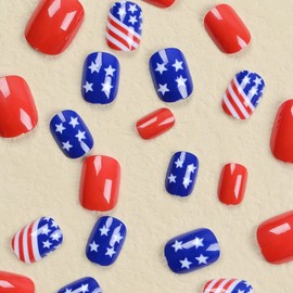 Short Fake Nails 4th of July Press on Nails Independence Day False Nails with American Flag Design Red White Blue Acrylic Nails Full Cover Glossy Stick on Nails Star Line Glue on Nails for Women Girls