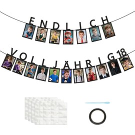 HUKUMA 18th Birthday Boy Decoration, Finally Full Year 18, Finally 18 Black, Photo Garland 18th Birthday Including 18 Glitter Cards for Photos from 1 to 18 Years, Birthday Decoration Happy Birthday