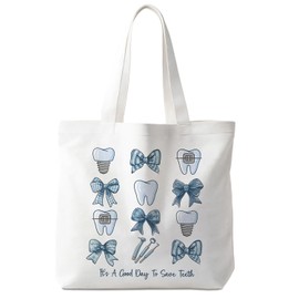VIIJJUE Coquette Blue Bow Dentist Tote Bag, Dentist Gifts for Women, Dental Assistant Gifts Canvas Tote Bags, Dental Hygienist Reusable Grocery Shopping Bag