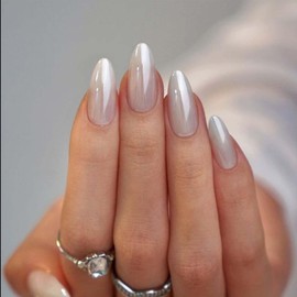 White Chrome Press on Nails Almond Fake Nails Medium False Nails with Design Mirror Solid Color Acrylic Glue on Nails Reusable Full Cover Stick on Nails for Women DIY Manicure Decoration 24Pcs