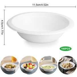 Puedno Pack of 100 Ecological Disposable Soup Bowls, 260 ml Paper Bowls, Disposable Soup Bowls, Disposable Sugarcane Tableware, Organic Soup Bowl, Compostable, White