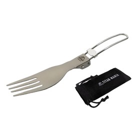 TITAN MANIA Cutlery Fork, Foldable, Titanium, Solo Camping, Barbecues, Outdoors, Ultra Lightweight, Durable, Folding Cookware, Camping Equipment, Storage Bag Included