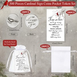 Cardinal Memorial Angel Sign Coins Set Include Cardinal Funeral Pocket Token Cardinal Sign Poem Cards and White Organza Bags for Angel Charms Wedding Funeral Memory Presents Family Friends (300 Pcs)