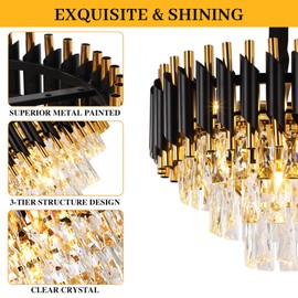 GarveeTech Modern Crystal Chandeliers 3 Tiers Black and Gold Pendant Light Fixtures, 5 Lights Black Modern Chandeliers for Living Room Dining Room Bedroom Kitchen