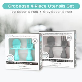 Grabease Silicone Baby Feeding Utensil Set - Self-Feeding Forks For Baby - Forks & Spoon, Ages 6-12 Months - Dishwasher-Safe Infant Spoon & Utensil - Teal & Gray, Pack of 2