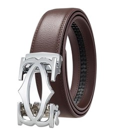 APAGAI Men's Belt, Gentleman, Stepless Adjustment, Golf, Business, Casual, Leather, No Holes, Simple, Auto Lock, Gentleman's Jeans, Logo Buckle, Large Buckle, Jeans Suit, Buckle silver, obi brown