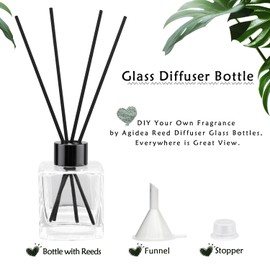 Agidea 4PCS Glass Diffuser Bottles, Refillable Diffuser Bottles Square Shape with 20pcs Reeds Sticks & Black Caps & Funnel, 3.3" High 100ml 3.52 fl oz. Diffuser Jars for Home Oil Fragrance Decoration