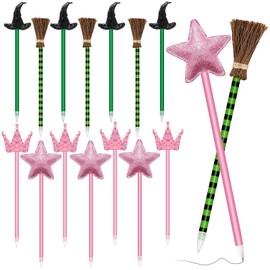16 Pack Star Ballpoints Pens Pink Princess Crown Witch Hat Green Stripes Broom Shape Pen for Party Favors Decor Supplies