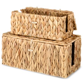 Cable Management Box with Lid 2 Pack Handwoven Water Hyacinth Decorative Cord Hider Organizer 2 Side Open Slots Storage Boxs Wicker Power Cord Box to Hide Cords and Power Strip for Desk Floor Office
