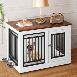 YITAHOME 35" Dog Crate Furniture, Wooden Side End Table with Adjustable Feet and Removable Bowls, Dog Kennel Indoor for Small Medium DogsV