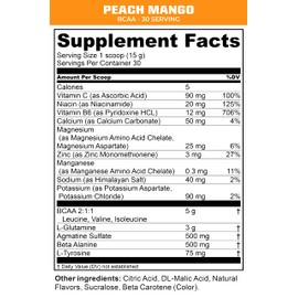 MTN OPS BCAA 2:1:1 Amino Acids Supplement Powder for Rapid Muscle Recovery & Repair with Zero Sugar & Gluten Free (30-Serving Tub, Peach Mango)