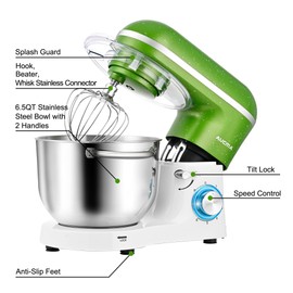Aucma Stand Mixer,6.5QT 660W 6-Speed Tilt-Head Food Mixer, Kitchen Electric Mixer with Dough Hook, Wire Whip & Beater (Green-White, 6.5QT) (Renewed)