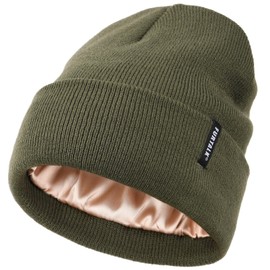 FURTALK Satin Lined Beanie Hats for Women Men Winter Knit Acrylic Hats Soft Slouchy Silk Lined Skull Warm Cap Green