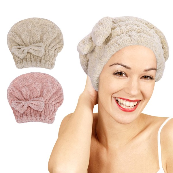 Unaone 2 Pack Microfiber Hair Drying Towels, Super Absorbent Turban Hair Towel Cap, Quick Dry Head Wrap With Bow-Knot Shower Cap For Curly, Long, Thick Hair & Wet Hair (Pink & Brown)