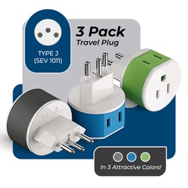 OREI Switzerland Power Plug Adapter with 2 USA Inputs - Travel 3 Pack - Type J (US-11A) Safe Grounded Use with Cell Phones, Laptop, Camera Chargers, CPAP, and More