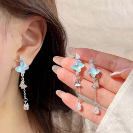Cybche Boho Crystal Butterfly Dangle Earrings Silver CZ Butterfly Stud Earrings Gemstone Drop Earrings Butterfly Tassel Earrings Rhinestone Butterfly Earrings Jewellery For, Zinc, No Gemstone