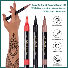 Temporary Tattoo Markers for Skin | Dual-End 16-Count Body Markers + 77 Large Tattoo Stencils | Temporary tattoos for Adults and Kids | Flexible Brush Tip, Bright colors, Skin-Safe*, Cosmetic-Grade