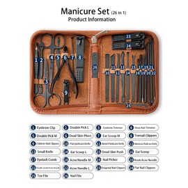 YFBXIZHOU Manicure&Eyebrow kit 26+4 PCS Professional Stainless Steel set Fingernail Care Grooming Eyebrow Trimmer Tools Pedicure Nail Clippers Tweezers Razor Scissors Brush with Travel Case Brown