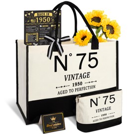 75th Birthday Gifts for Women Canvas Tote Bag Travel Gear,Unique 75 Years Old Gifts for Wife/Mom/Sister/Aunt/Friends/Her, Vintage N°75 Beach Bag & Cosmetic Bag & Back in 1950 Poster