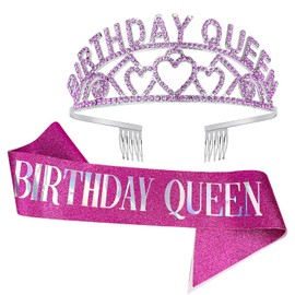 CAVETEE Purple Birthday Queen Rhinestone Tiara and Sash- Birthday Tiara and Sash Birthday Party Favors Glitter Birthday Decorations for Women（Multi Color Letter）