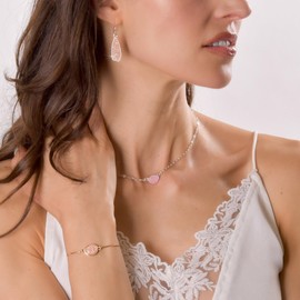 Rose Quartz Bracelet for Women - Light Pink Bracelets for Women, Simulated Druzy Adjustable Slider Box Chain with Sparkly Stone, Boho Gold Tone Delicate Bridal Jewelry for Wedding Bride or Bridesmaids