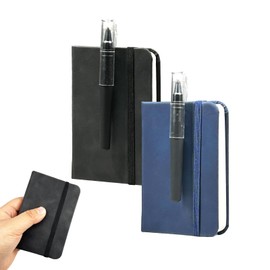 Bliceon A7 Pocket Notebook and Pens Set, 200 Pages Blank Leather Mini Notepad with Elastic Band and Bookmark, Portable Small Notebooks for Office, School, and Writing Memos,Black and Blue