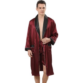 Haseil Men's Luxurious Kimono Robe with Shorts Silk Satin Bathrobes Lightweight Long Sleeve Sleepwear Set, Winered, TagsizeS=USsizeS
