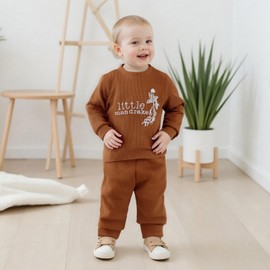 2Pcs Baby Boys Outfits Toddler Long Sleeve Crew Neck Embroidery Letters Mandrake Sweatshirt Tops Jumper Elastic Waist Pants With Pockets Tracksuit (Coffee, 18-24 Months)