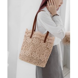 Sueeya Women's Lace Tote Bag, Set of 2, Tulle Pouch, Shoulder Bag, Handbag, Matched, Total Lace, Switchable, Bicolor Fashion, Stylish, Cute, Work or School Outings, Apricot